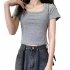 Women Short Sleeves T shirt Fashion Square Collar High Waist Crop Top Elegant Slim Fit Simple Solid Color Blouse orange XXL