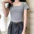 Women Short Sleeves T shirt Fashion Square Collar High Waist Crop Top Elegant Slim Fit Simple Solid Color Blouse light gray L