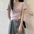 Women Short Sleeves T shirt Fashion Square Collar High Waist Crop Top Elegant Slim Fit Simple Solid Color Blouse light gray XL