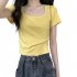 Women Short Sleeves T shirt Fashion Square Collar High Waist Crop Top Elegant Slim Fit Simple Solid Color Blouse light gray XL