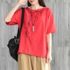 Women Short Sleeves T-shirt Retro Ethnic Style Embroidery Cotton Linen Blouse Half-sleeved Loose Tops red M