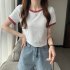 Women Short Sleeves T shirt Summer Trendy Round Neck Contrast Color Blouse Slim Fit Pullover Tops White M