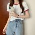 Women Short Sleeves T shirt Summer Trendy Round Neck Contrast Color Blouse Slim Fit Pullover Tops White M