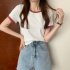 Women Short Sleeves T shirt Summer Trendy Round Neck Contrast Color Blouse Slim Fit Pullover Tops White M