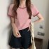 Women Short Sleeves T shirt Summer Trendy Round Neck Contrast Color Blouse Slim Fit Pullover Tops White M