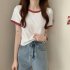 Women Short Sleeves T shirt Summer Trendy Round Neck Contrast Color Blouse Slim Fit Pullover Tops White M