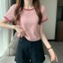 Women Short Sleeves T shirt Summer Trendy Round Neck Contrast Color Blouse Slim Fit Pullover Tops White M