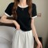 Women Short Sleeves T shirt Summer Trendy Round Neck Contrast Color Blouse Slim Fit Pullover Tops White M
