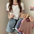Women Short Sleeves T shirt Summer Trendy Round Neck Contrast Color Blouse Slim Fit Pullover Tops White M
