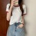 Women Short Sleeves T shirt Summer Trendy Round Neck Contrast Color Blouse Slim Fit Pullover Tops White M