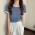 Women Short Sleeves T shirt Summer Trendy Round Neck Contrast Color Blouse Slim Fit Pullover Tops White M