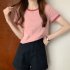 Women Short Sleeves T shirt Summer Trendy Round Neck Contrast Color Blouse Slim Fit Pullover Tops White M