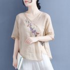 Women Short Sleeves T-shirt Retro Floral Embroidery Cotton Linen Blouse Summer Loose Casual Pullover Tops apricot L