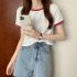 Women Short Sleeves T shirt Summer Trendy Round Neck Contrast Color Blouse Slim Fit Pullover Tops White XL