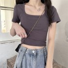 Women Short Sleeves T-shirt Fashion Square Collar High Waist Crop Top Elegant Slim Fit Simple Solid Color Blouse dark gray XL