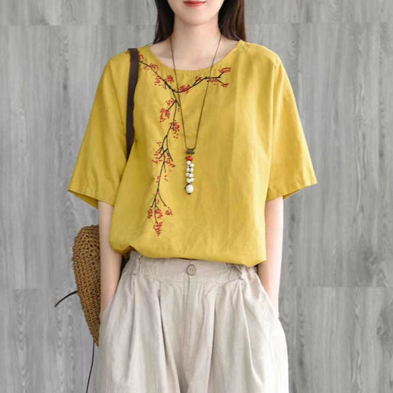 Women Short Sleeves T-shirt Retro Ethnic Style Embroidery Cotton Linen Blouse Half-sleeved Loose Tops yellow L