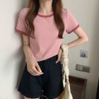 Women Short Sleeves T-shirt Summer Trendy Round Neck Contrast Color Blouse Slim Fit Pullover Tops Pink M
