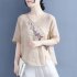Women Short Sleeves T shirt Retro Floral Embroidery Cotton Linen Blouse Summer Loose Casual Pullover Tops apricot 3XL