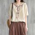 Women Short Sleeves T shirt Retro Ethnic Style Embroidery Cotton Linen Blouse Half sleeved Loose Tops yellow XL
