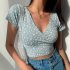 Women Short Sleeves T shirt Trendy V neck Retro Floral Printing Crop Tops Casual Slim Fit Pullover Blouse dark blue XL