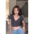 Women Short Sleeves T shirt Trendy V neck Retro Floral Printing Crop Tops Casual Slim Fit Pullover Blouse dark blue XL