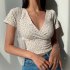 Women Short Sleeves T shirt Trendy V neck Retro Floral Printing Crop Tops Casual Slim Fit Pullover Blouse White M