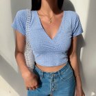 Women Short Sleeves T-shirt Trendy V-neck Retro Floral Printing Crop Tops Casual Slim Fit Pullover Blouse blue purple S