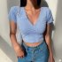 Women Short Sleeves T shirt Trendy V neck Retro Floral Printing Crop Tops Casual Slim Fit Pullover Blouse blue purple XL