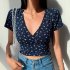 Women Short Sleeves T shirt Trendy V neck Retro Floral Printing Crop Tops Casual Slim Fit Pullover Blouse blue purple XL