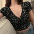 Women Short Sleeves T shirt Trendy V neck Retro Floral Printing Crop Tops Casual Slim Fit Pullover Blouse blue purple XL