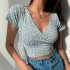 Women Short Sleeves T shirt Trendy V neck Retro Floral Printing Crop Tops Casual Slim Fit Pullover Blouse yellow XL