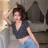 Women Short Sleeves T shirt Trendy V neck Retro Floral Printing Crop Tops Casual Slim Fit Pullover Blouse yellow XL