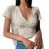 Women Short Sleeves T shirt Trendy V neck Retro Floral Printing Crop Tops Casual Slim Fit Pullover Blouse yellow XL