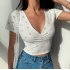 Women Short Sleeves T shirt Trendy V neck Retro Floral Printing Crop Tops Casual Slim Fit Pullover Blouse black flower L