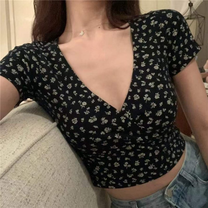 Women Short Sleeves T-shirt Trendy V-neck Retro Floral Printing Crop Tops Casual Slim Fit Pullover Blouse black flower XXL