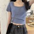 Women Short Sleeves T shirt Fashion Square Collar High Waist Crop Top Elegant Slim Fit Simple Solid Color Blouse orange XXL