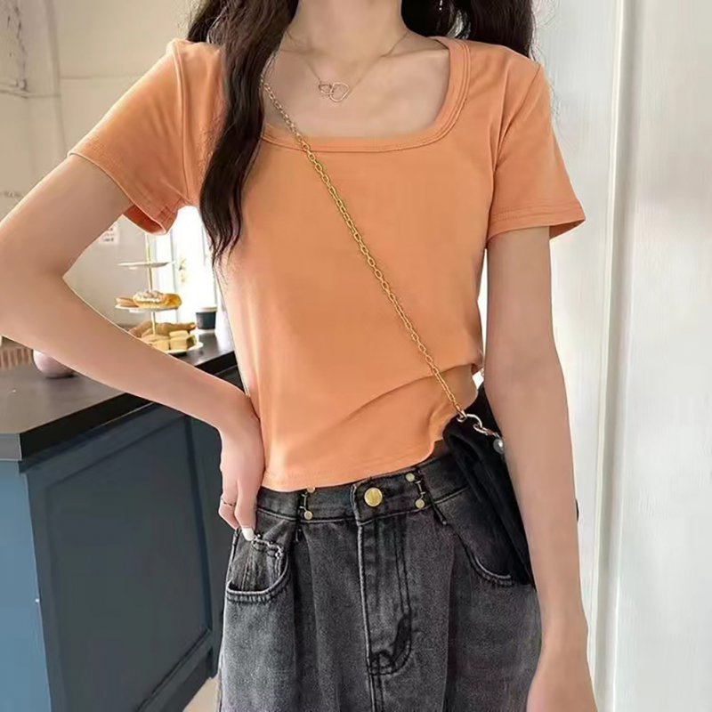 Women Short Sleeves T-shirt Fashion Square Collar High Waist Crop Top Elegant Slim Fit Simple Solid Color Blouse orange XXL