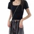 Women Short Sleeves T shirt Fashion Square Collar High Waist Crop Top Elegant Slim Fit Simple Solid Color Blouse dark gray XXL