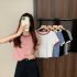 Women Short Sleeves T shirt Summer Trendy Round Neck Contrast Color Blouse Slim Fit Pullover Tops blue M