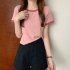 Women Short Sleeves T shirt Summer Trendy Round Neck Contrast Color Blouse Slim Fit Pullover Tops blue M