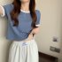 Women Short Sleeves T shirt Summer Trendy Round Neck Contrast Color Blouse Slim Fit Pullover Tops blue M