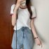 Women Short Sleeves T shirt Summer Trendy Round Neck Contrast Color Blouse Slim Fit Pullover Tops blue M