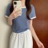 Women Short Sleeves T shirt Summer Trendy Round Neck Contrast Color Blouse Slim Fit Pullover Tops blue M