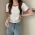 Women Short Sleeves T shirt Summer Trendy Round Neck Contrast Color Blouse Slim Fit Pullover Tops blue M
