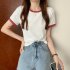 Women Short Sleeves T shirt Summer Trendy Round Neck Contrast Color Blouse Slim Fit Pullover Tops blue M