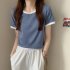 Women Short Sleeves T shirt Summer Trendy Round Neck Contrast Color Blouse Slim Fit Pullover Tops blue M