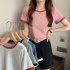 Women Short Sleeves T shirt Summer Trendy Round Neck Contrast Color Blouse Slim Fit Pullover Tops blue M
