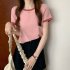 Women Short Sleeves T shirt Summer Trendy Round Neck Contrast Color Blouse Slim Fit Pullover Tops blue M