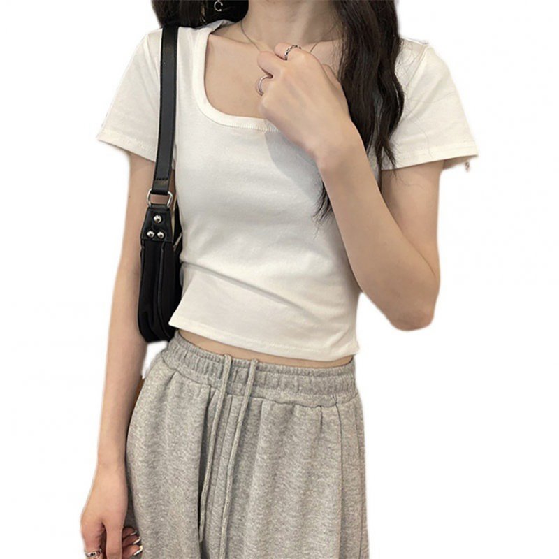 Women Short Sleeves T-shirt Fashion Square Collar High Waist Crop Top Elegant Slim Fit Simple Solid Color Blouse White XXL