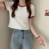 Women Short Sleeves T shirt Summer Trendy Round Neck Contrast Color Blouse Slim Fit Pullover Tops blue XXL